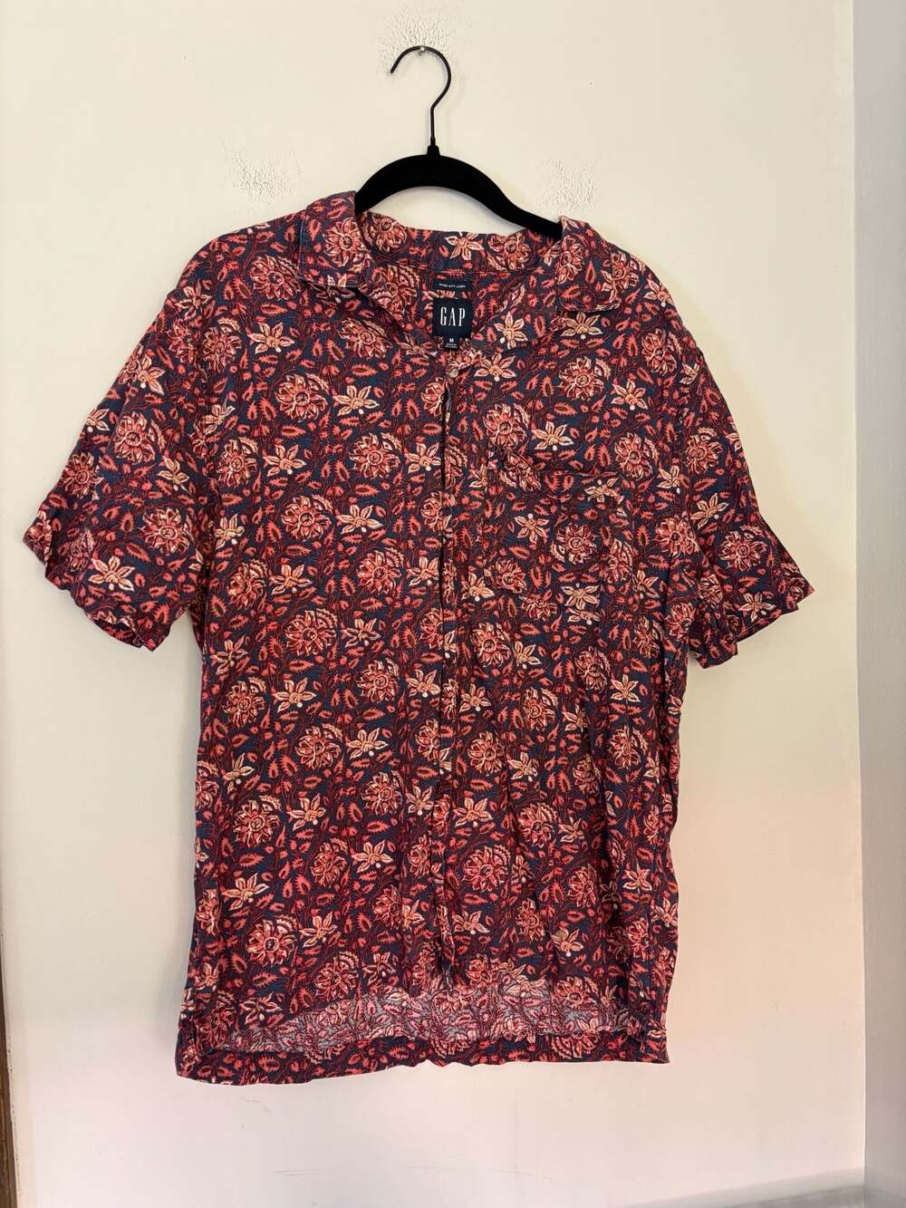 Gap Men's Floral Print Linen-Cotton Blend Beachy Red Button Down Shirt Sz M